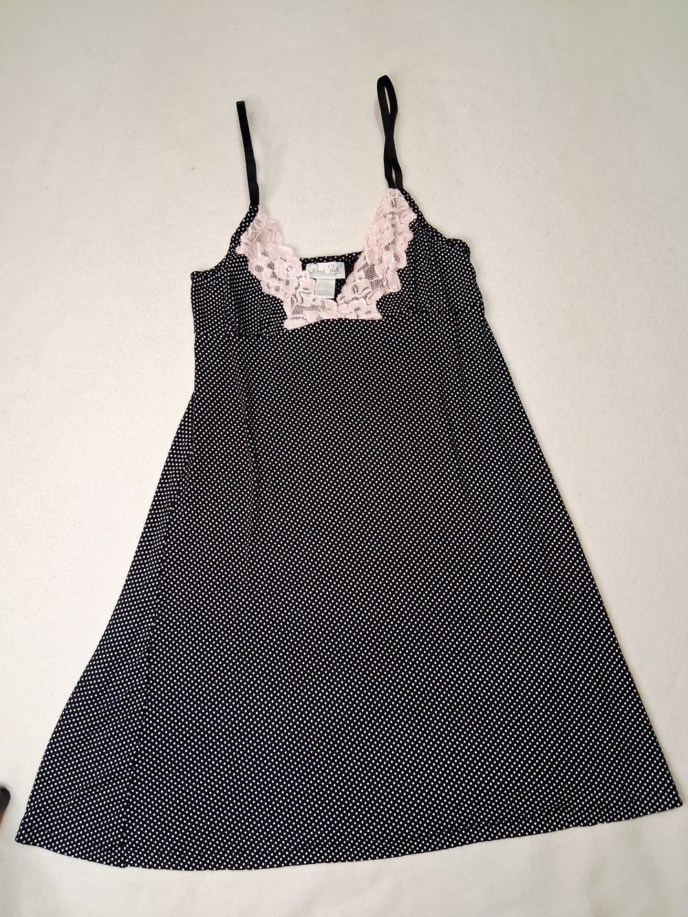 Rene Rofe Black Polka Dot Chemise with Pink Lace